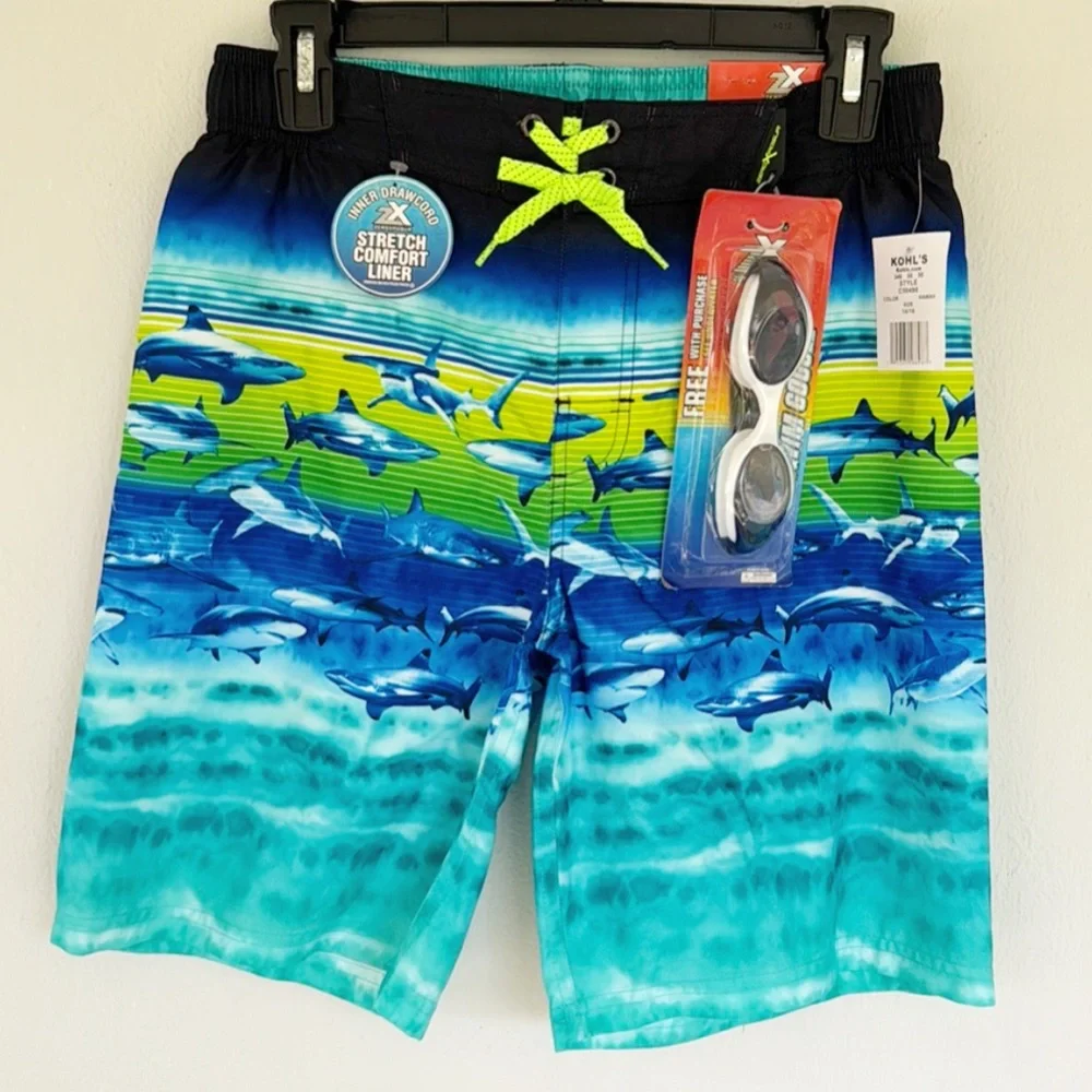 Zero Xposur blue green shark print swim trunks and goggles set size 14/16